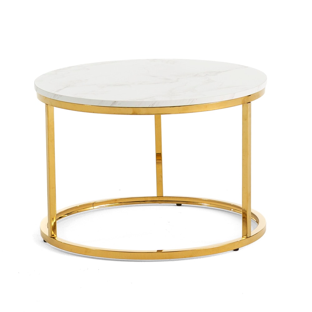 Mesa de centro redonda 60 cm em metal cromado com tampo melamínico efeito mármore, design moderno, elegante, para sala de estar, sala de espera – OLEK