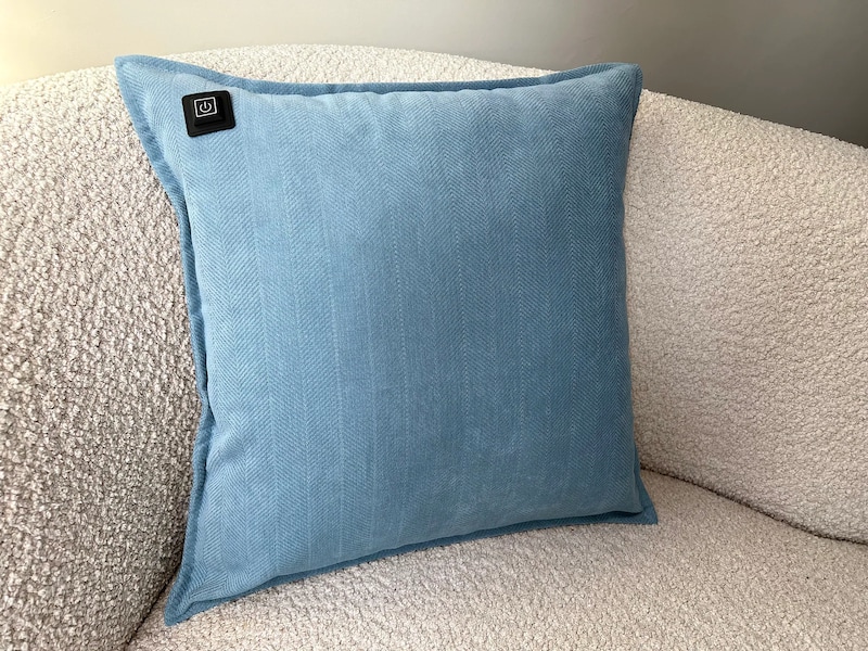 Ein blaues Kissen auf einer Couch.
