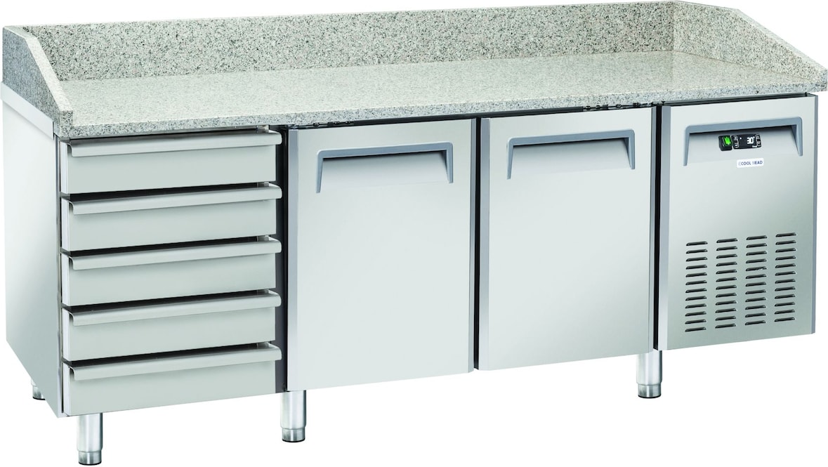 CoolHead QZ26 Edelstahl-Pizzatheke, 2 Türen + 5 Schubladen, Granitplatte, automatische Abtauung, Temperatur +2°C/+8°C, Maße 202,5x80x104 cm