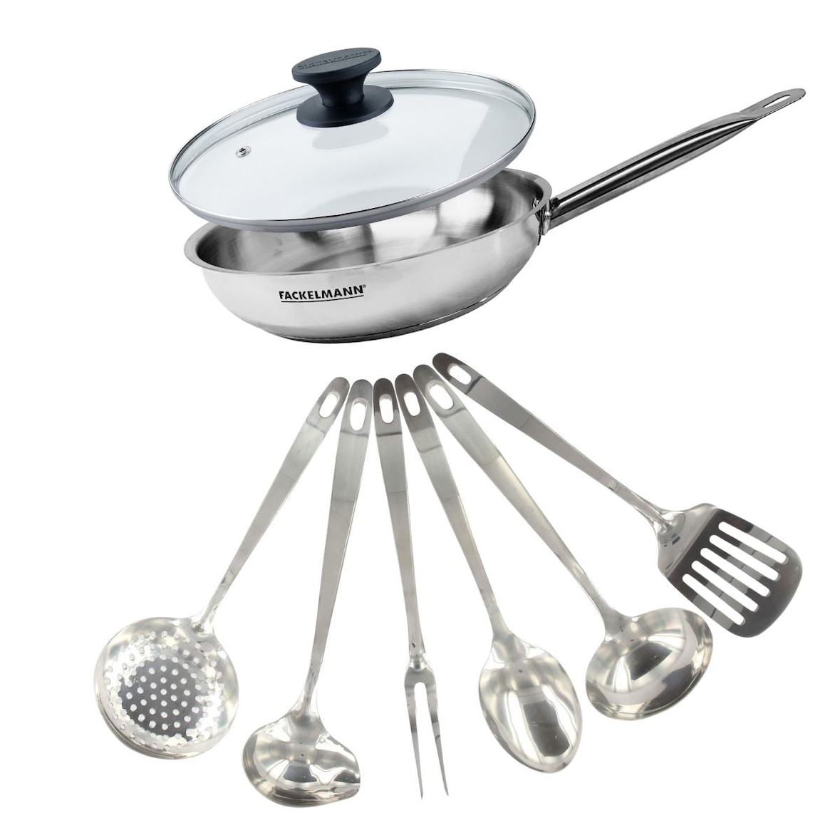 Fackelmann Eterna 28 cm Edelstahl-Bratpfannenset mit Glasdeckel und 6 Edelstahl-Utensilien