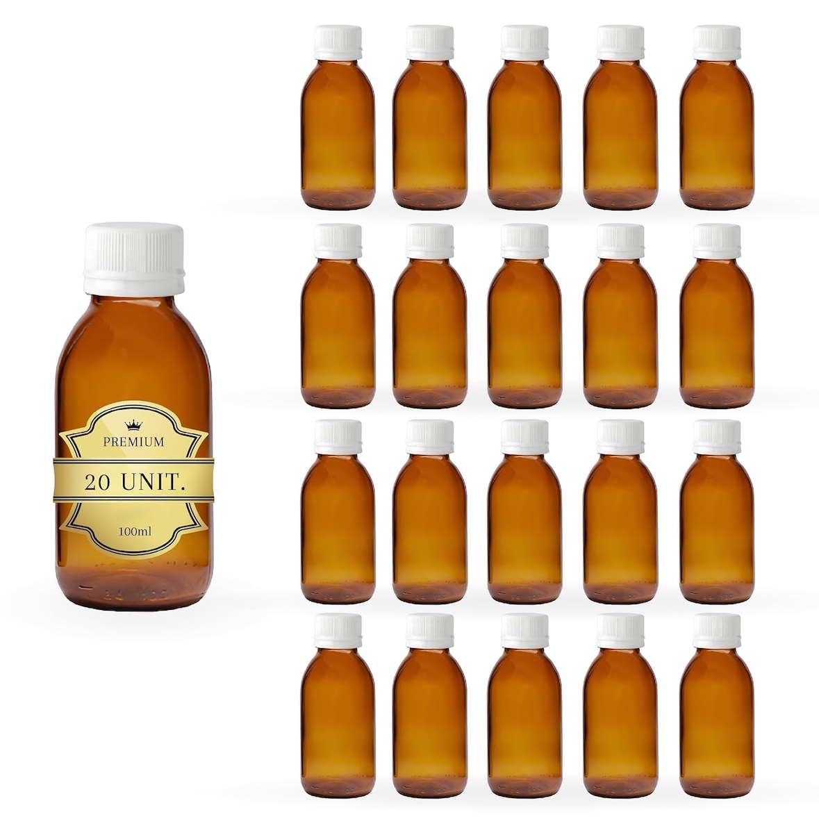 Espírito Rebelde – 20x Frascos Vazios em Vidro Âmbar de 100 ml com Tampa de Plástico – Frascos para Óleos Essenciais e Cosméticos