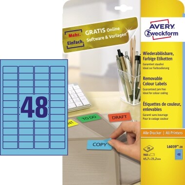 Avery Zweckform Etikett L6039-20 45,7x21,2mm blau 960 St./Pack.