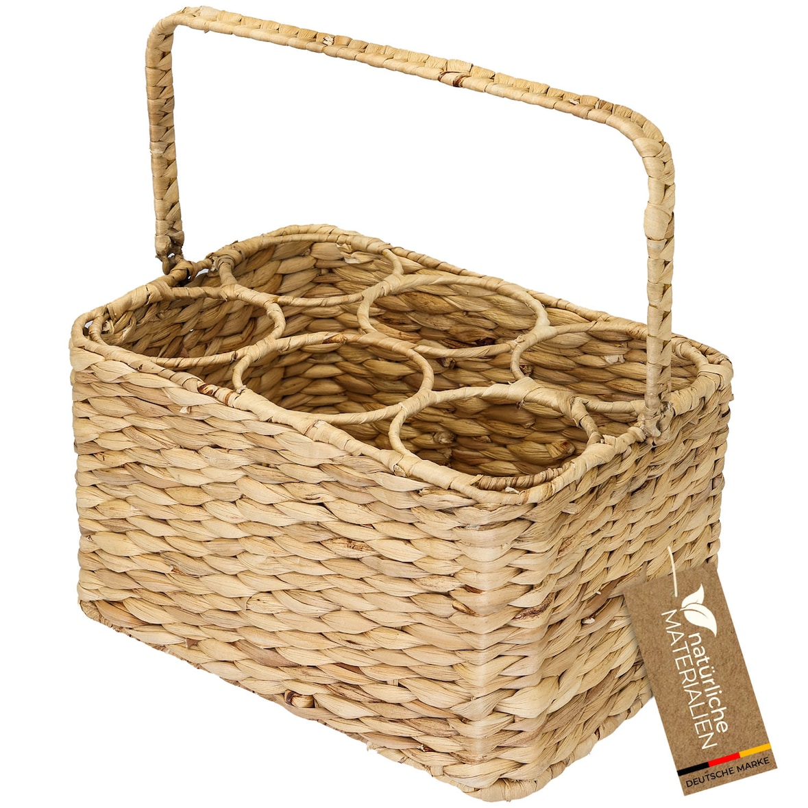 HMF Flaschenträger für 6 Flaschen, Flaschenkorb geflochten aus nachhaltiger Wasserhyazinthe, 32 x 22 x 18 cm