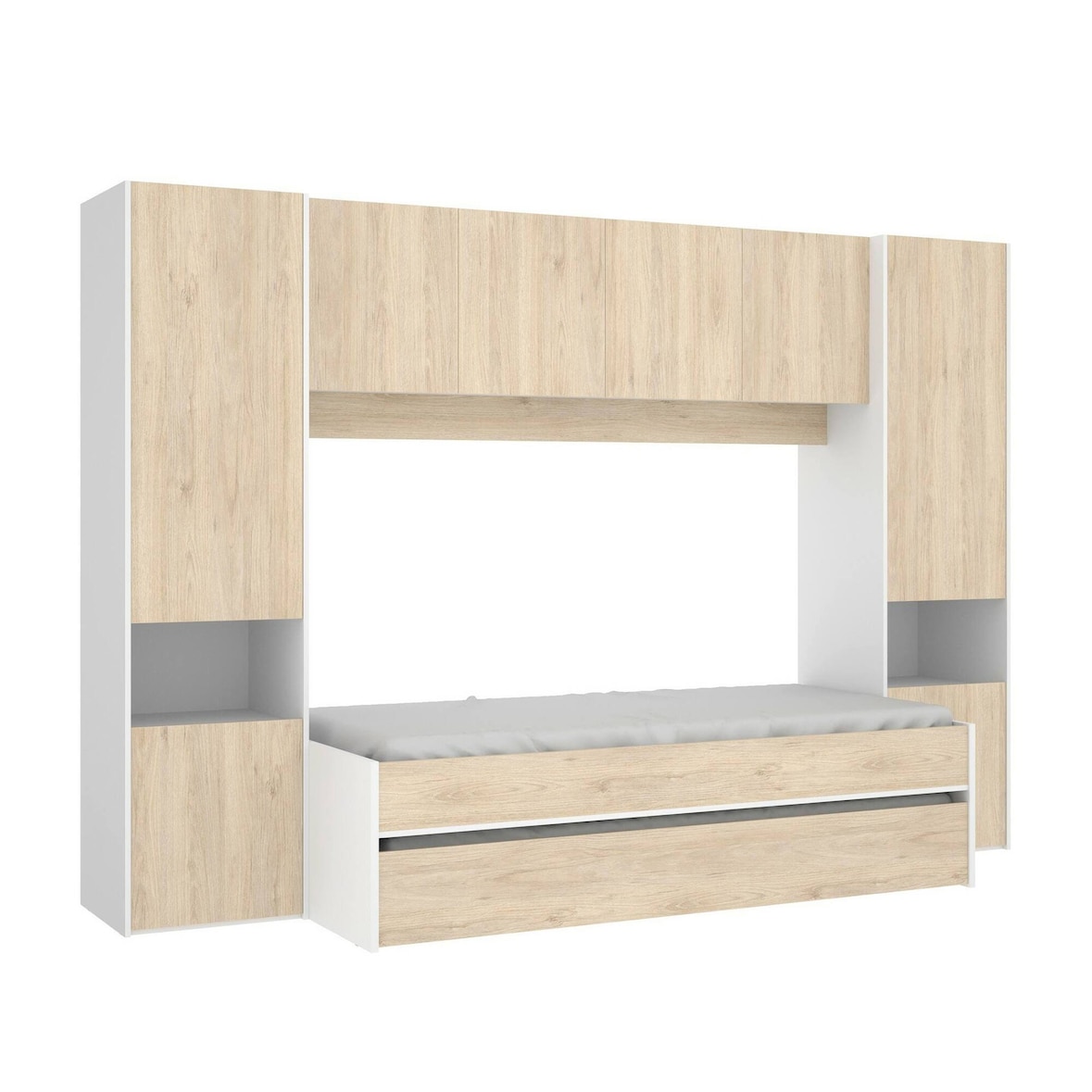Dmora Letto per bambini Venturosa, Cameretta completa con armadio a ponte e cassettone, 303x97h203 cm, Rovere e Bianco