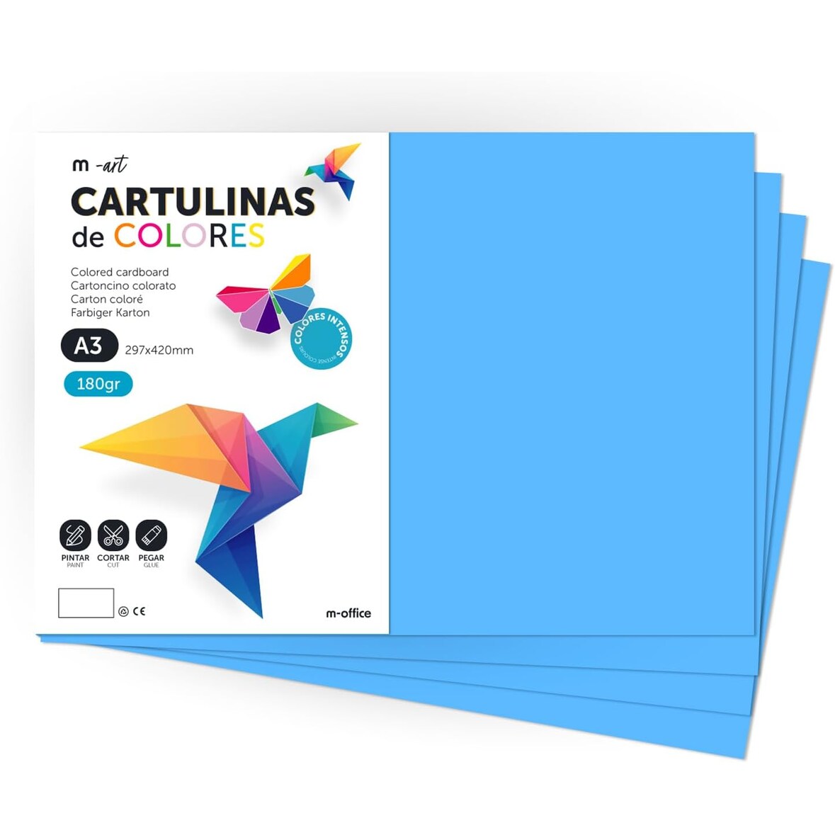 Cartulina de Colores, Cartulina A3 Colores Intensos,Hojas de Colores 180gr para Manualidades · m-office  (100 hojas, Azul Turquesa)