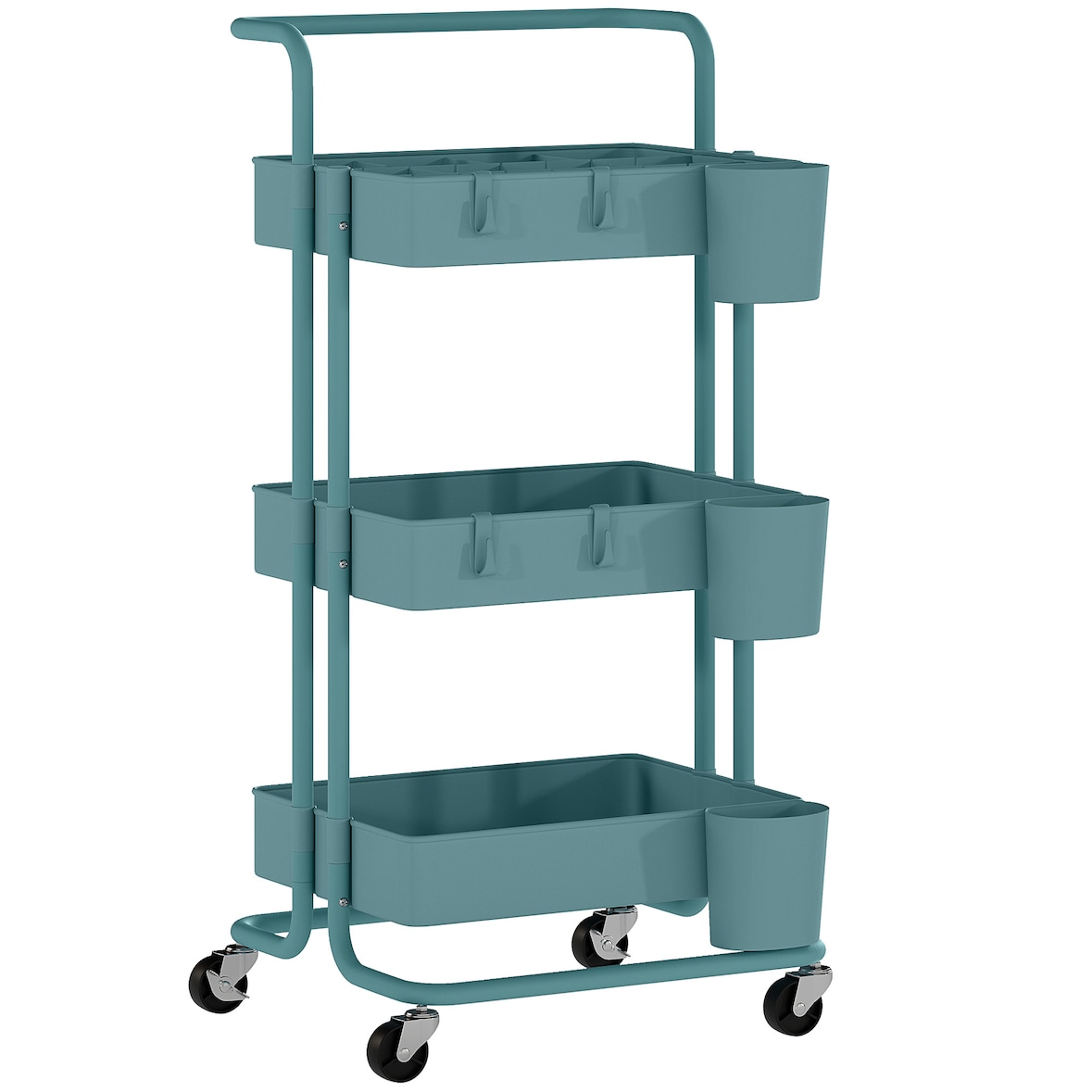 HOMCOM carrito auxiliar con ruedas de 3 niveles con 4 ganchos asa 3 cestas extraíbles 3 cajas colgantes para baño salón 42x38x86,5 cm azul