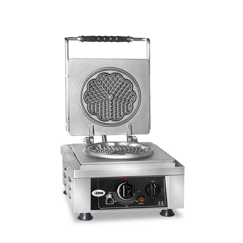 GMG - Waffeleisen Amore-S - 1x Ø 16cm - 50° bis 300°C - Feste Backplatte aus Gusseisen - Umlaufende Fettfangrinne - Gehäuse Edelstahl
