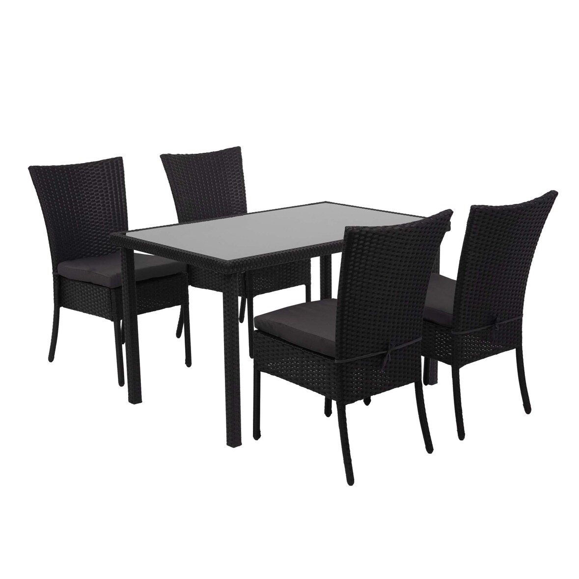 Poly-Rattan Garnitur HWC-G19, Sitzgruppe Balkon-/Lounge-Set, 4xStuhl+Tisch, 120x75cm ~ schwarz, Kissen dunkelgrau