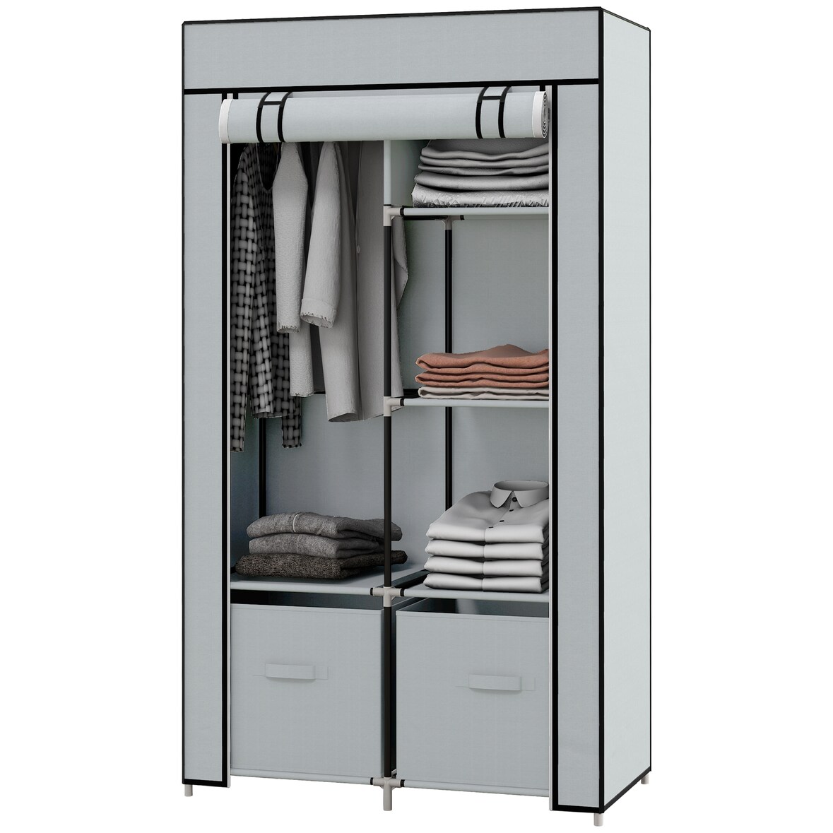 Stoffschrank Faltschrank 83x43x163 cm mit Kleiderstange 5 Fächern 2 Stoffschubladen Reißverschluss Stauraum Hellgrau Stahlrahmen