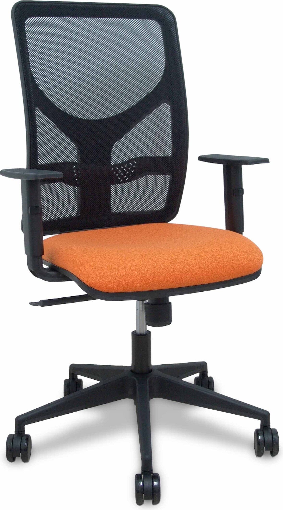Silla Motilla malla negra asiento bali naranja brazo regulable ruedas 65mm