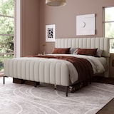 thumbnail of Polsterbett 180x200 mit höhenverstellbarem Kopfteil, Kiefernholzlatten, Stauraum, komfortabler Leinenbezug, stabiles modernes Schlafzimmer Grau-Beige