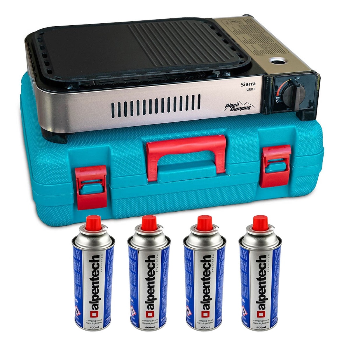 Plancha à gaz Barbecue grill 2100W Cuisson 30 x 24cm Piezo + 4 cartouches gaz + Mallette ALPEN