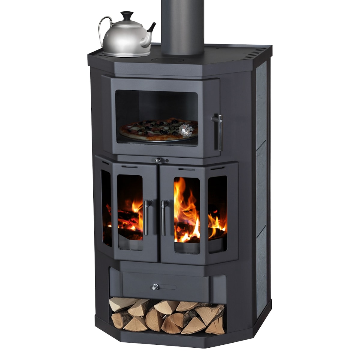 EEK A Kaminofen mit Backfach+Herdplatte Victoria Taro 2F Speckstein, schwarz – 9,51 kW