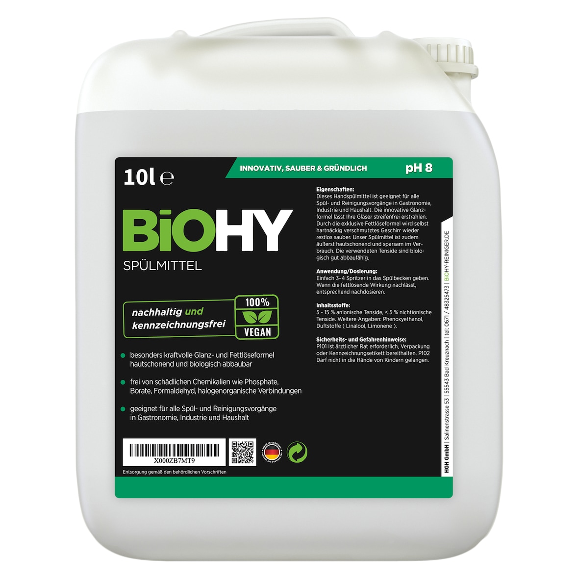 BiOHY Spülmittel (10l Kanister) | Frei von schädlichen Chemikalien & biologisch abbaubar | Glanz- & Fettlöseformel