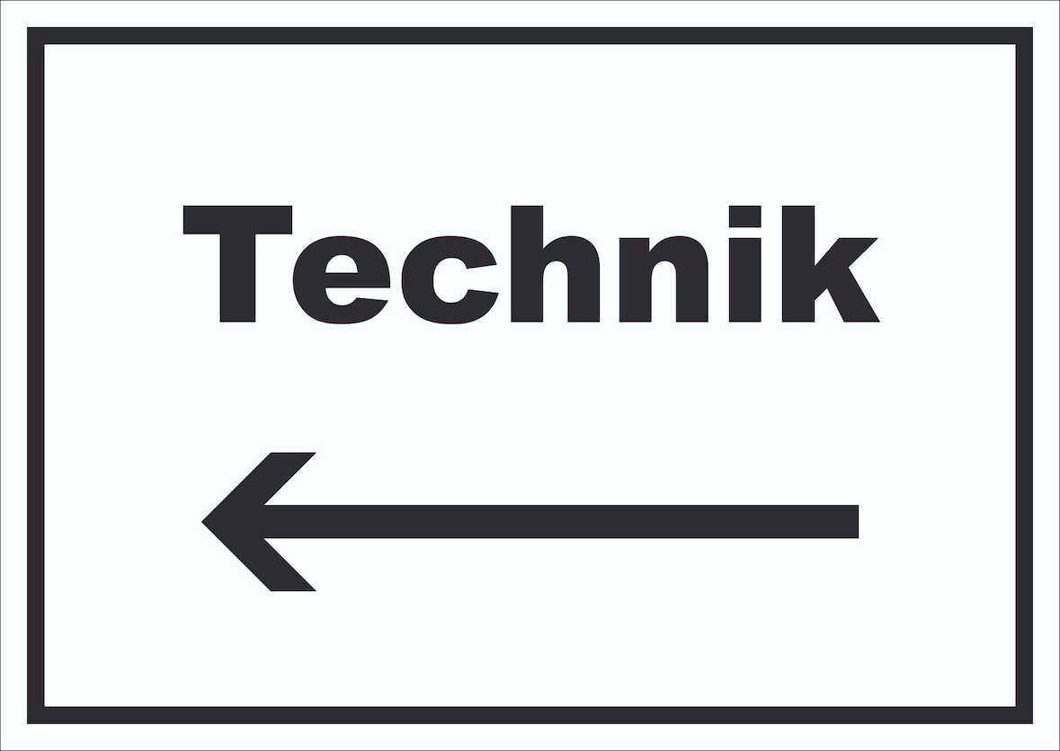 Technik Schild mit Text und Richtungspfeil links Hauswirtschaftsraum waagerecht A3 Rückseite selbstklebend