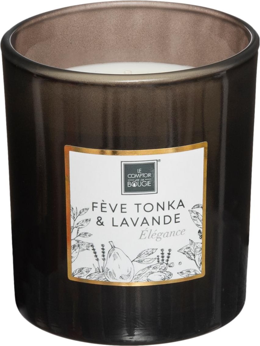 Eine Duftkerze in einem dunklen Glasbehälter.