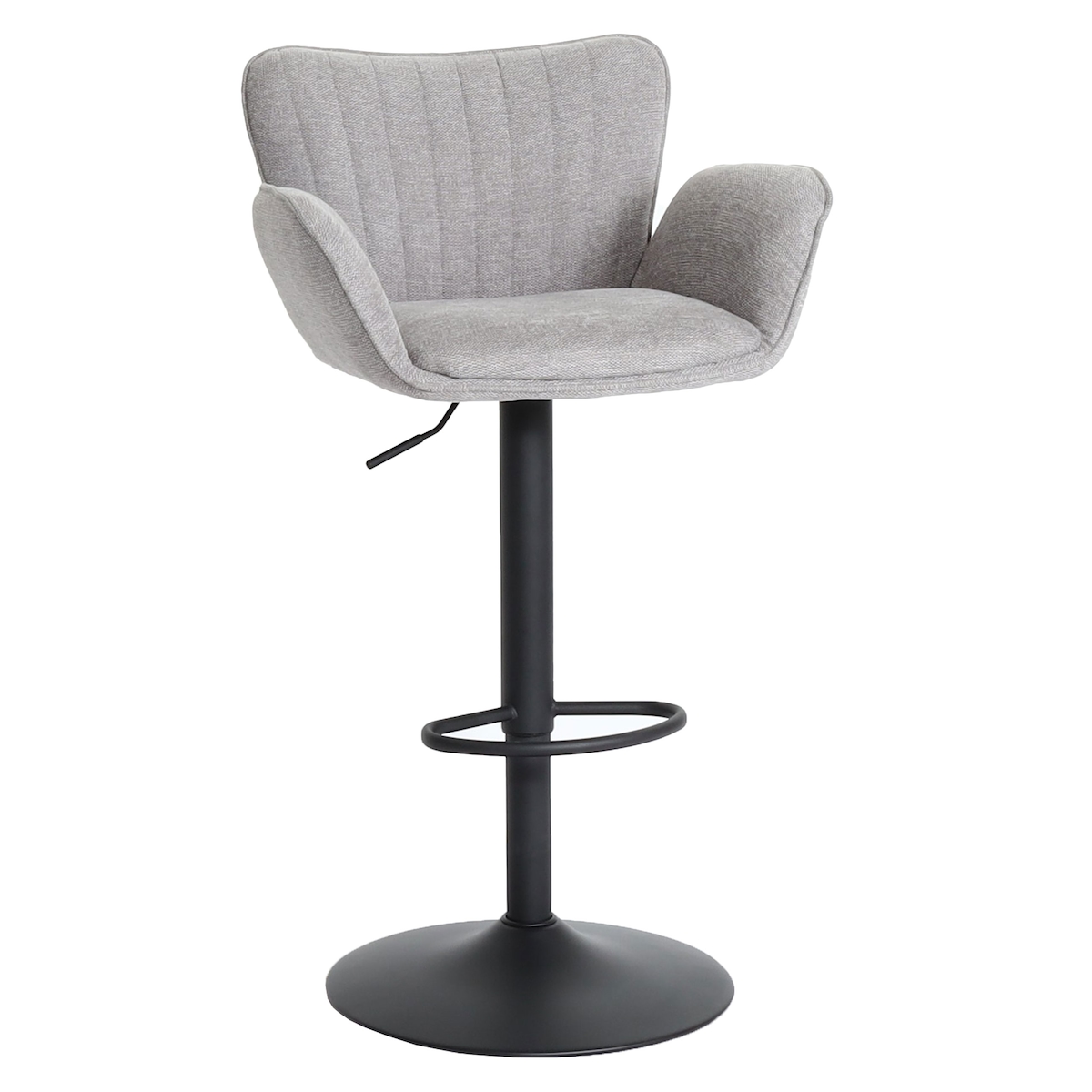 Mendler Barhocker HWC-M67, Drehstuhl Barstuhl, mit Armlehne Fußablage drehbar Stoff/Textil Eisen FSC ~ hellgrau Fuß schwarz