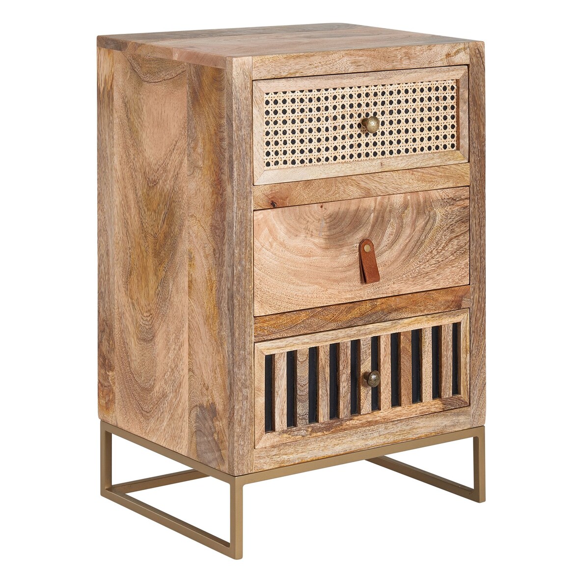 Industrial Nachttisch, Mango Massivholz/Rattan, 3 Schubladen, Boxspringbett-kompatibel. 40x30x60 cm | Kadima Design