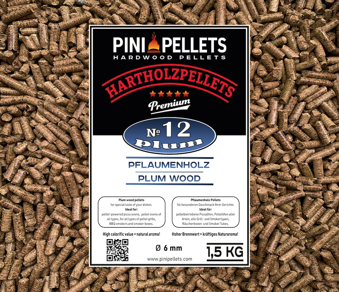 PINI Grillpellets № 12 Pflaume 1,5 kg BBQ Hartholzpellets zum Grillen Räuchern Smoken