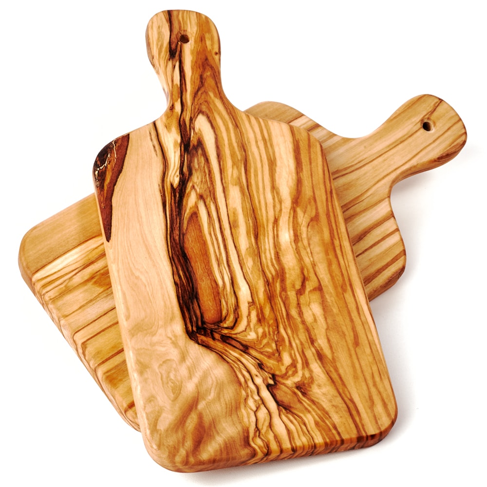 2er Set Servierbrett aus Olivenholz, rechteckig, mit Griff 25 cm
