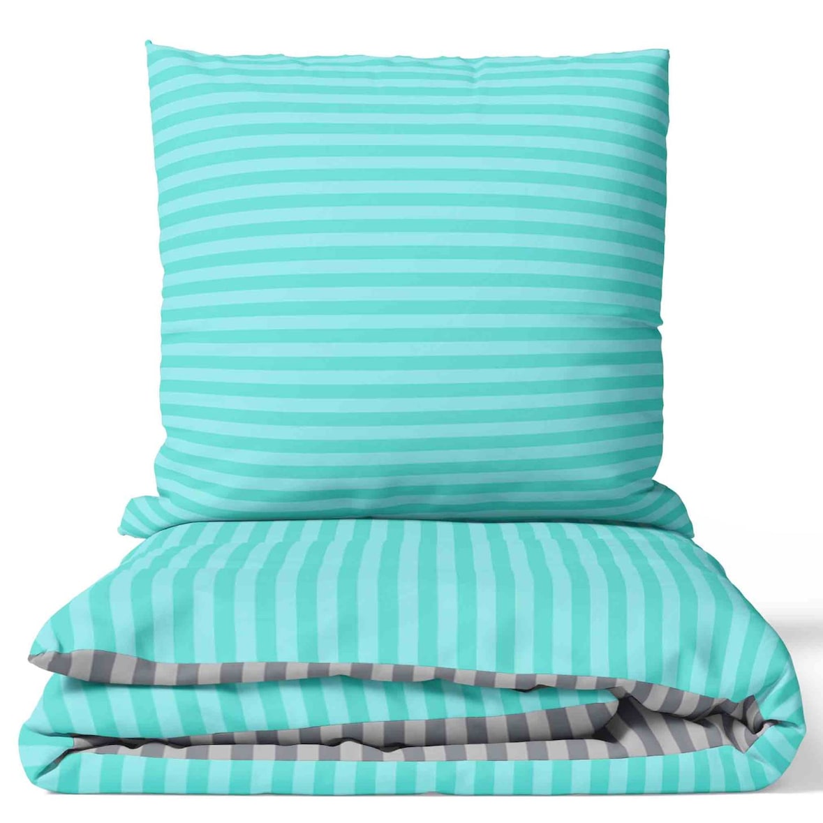 Baumwolle Bettwäsche 135x200 cm Petrol Türkis Grau gestreift Wendeseite Reißverschluss 2 tlg