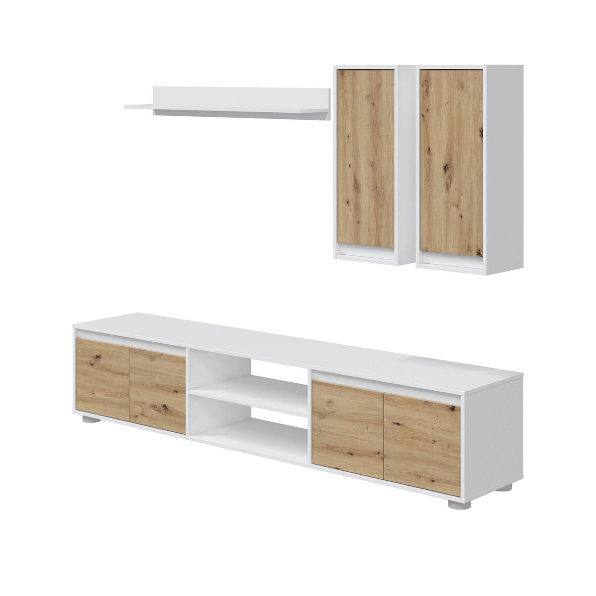 Dmora Wohnwand Wells, Wohnzimmerset, Mehrzweck-Wohnzimmermöbel, Komposition für modernes Wohnzimmer, 200x40h114 cm, Weiß und Eiche