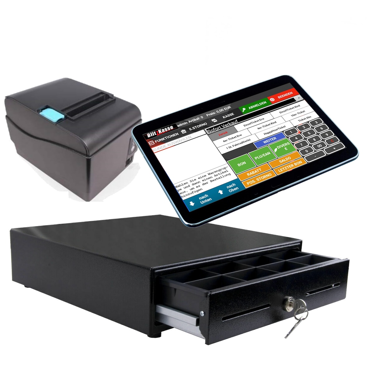 8" Kassensystem für Einzelhandel: Kiosk, Imbiss, Laden / Terminal, Bondrucker, Geldlade