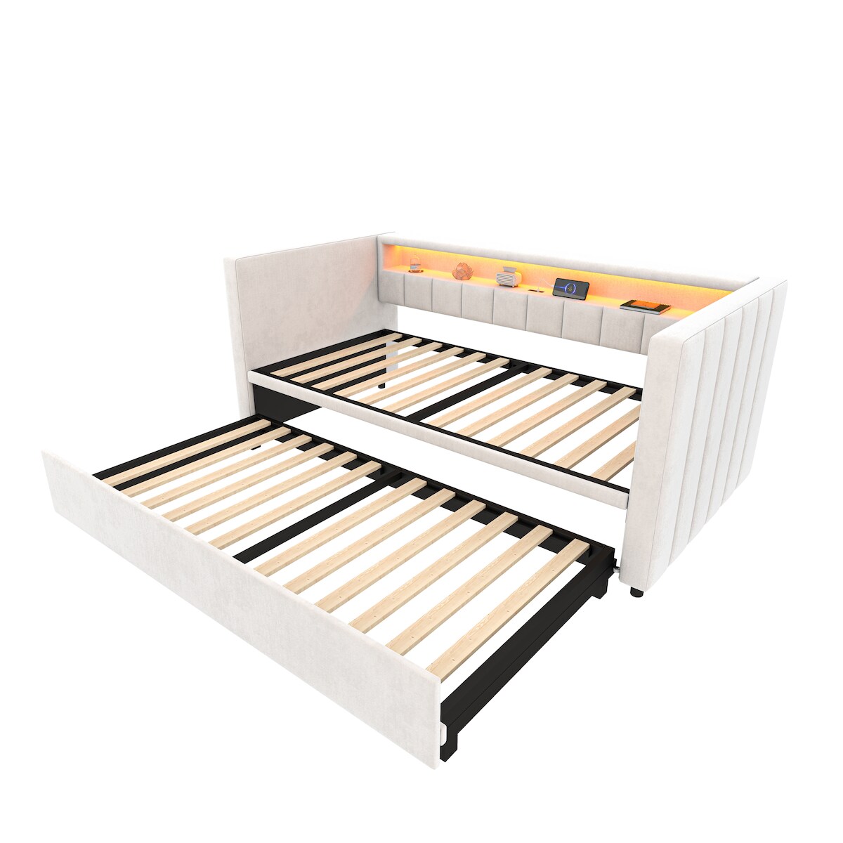 MODFU Schlafsofa Samt Beige 201x100-192x73 cm, ausziehbar, mit LED, USB-C und Ablage
