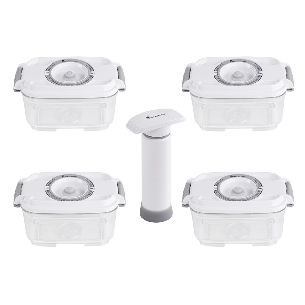MASTERPRO Set 4 contenitori sottovuoto 500ml + estrattore sottovuoto manuale, conservazione alimenti, congelatore e microonde, BPA Free, made in EU