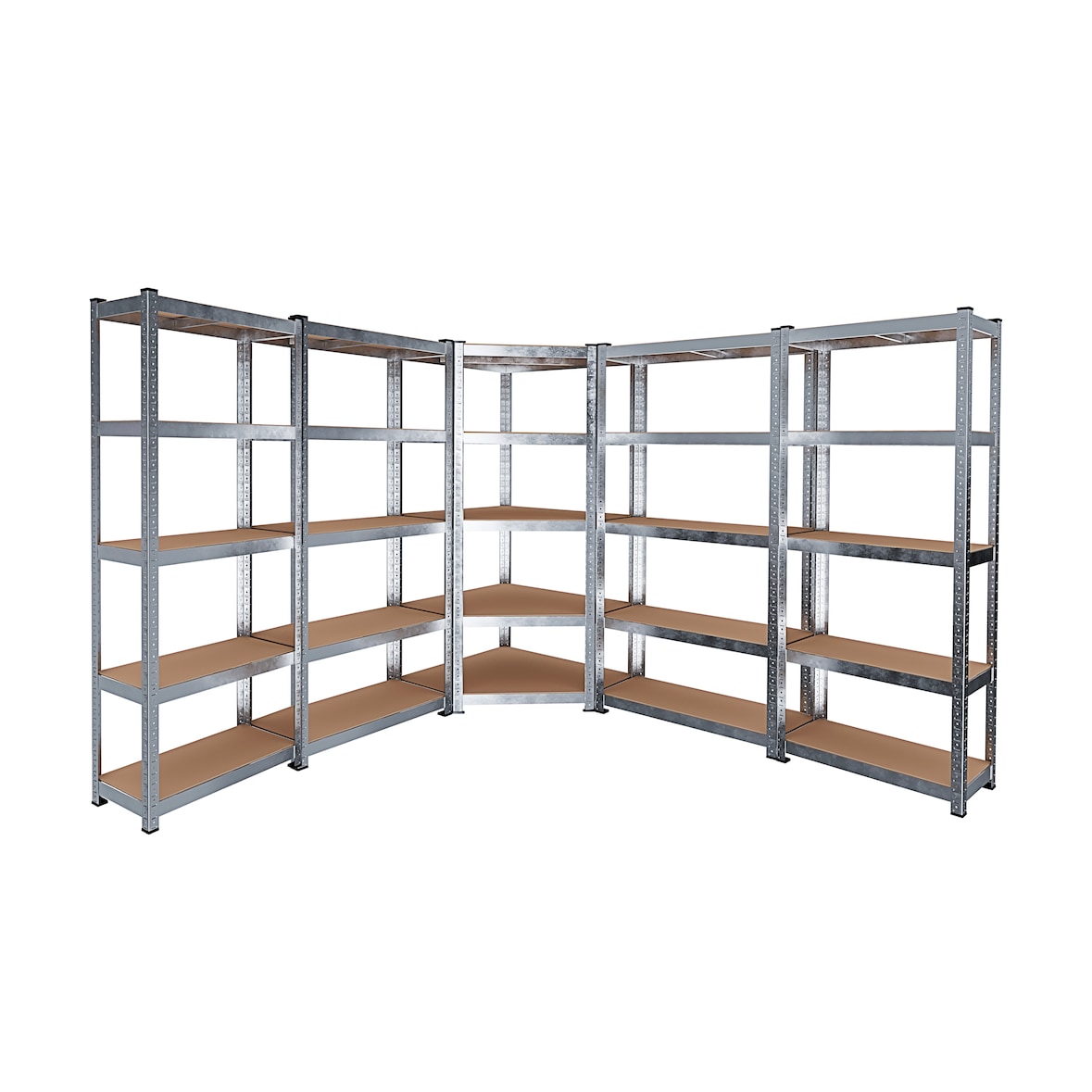 Sistema Di 5 Scaffali Metallo e MDF 1 Scaffale Angolare E 4 Scaffali Per Magazzino Alta Portata 25 Ripiani Scaffalatura Officina Garage da 4375 kg