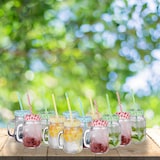 thumbnail of Relaxdays Trinkgläser mit Deckel und Strohhalm, 12er Set Limonadengläser, 500 ml, Retro Sommergläser mit Henkel, bunt