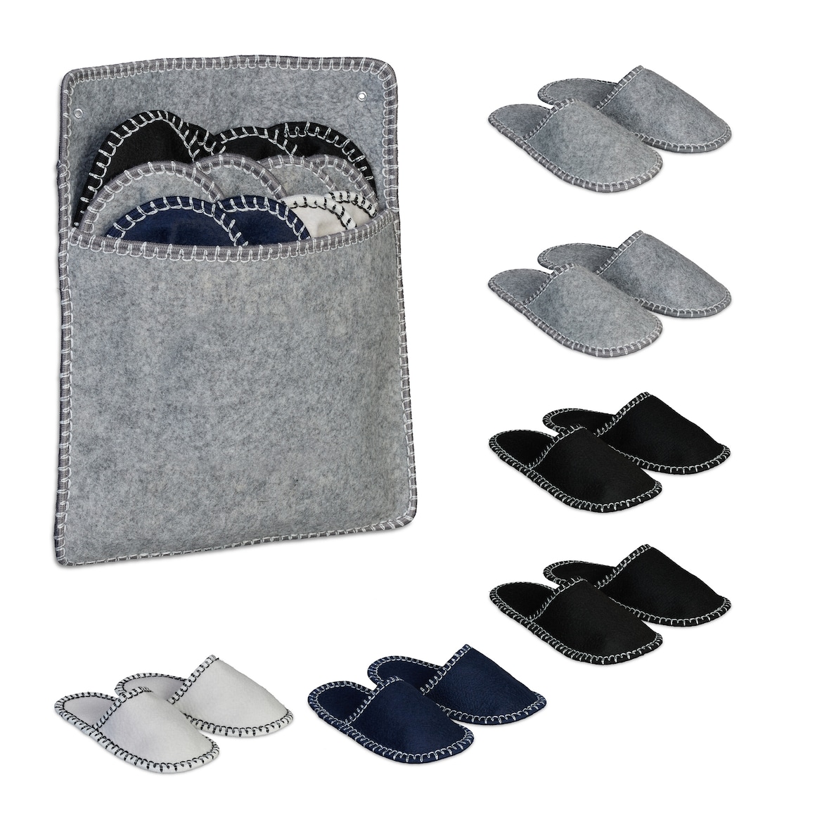 Relaxdays Gästehausschuhe 6 Paar, Hausschuhe Set mit Tasche, Größen 36-45, Filzpantoffeln, Antirutsch-Sohle, mehrfarbig