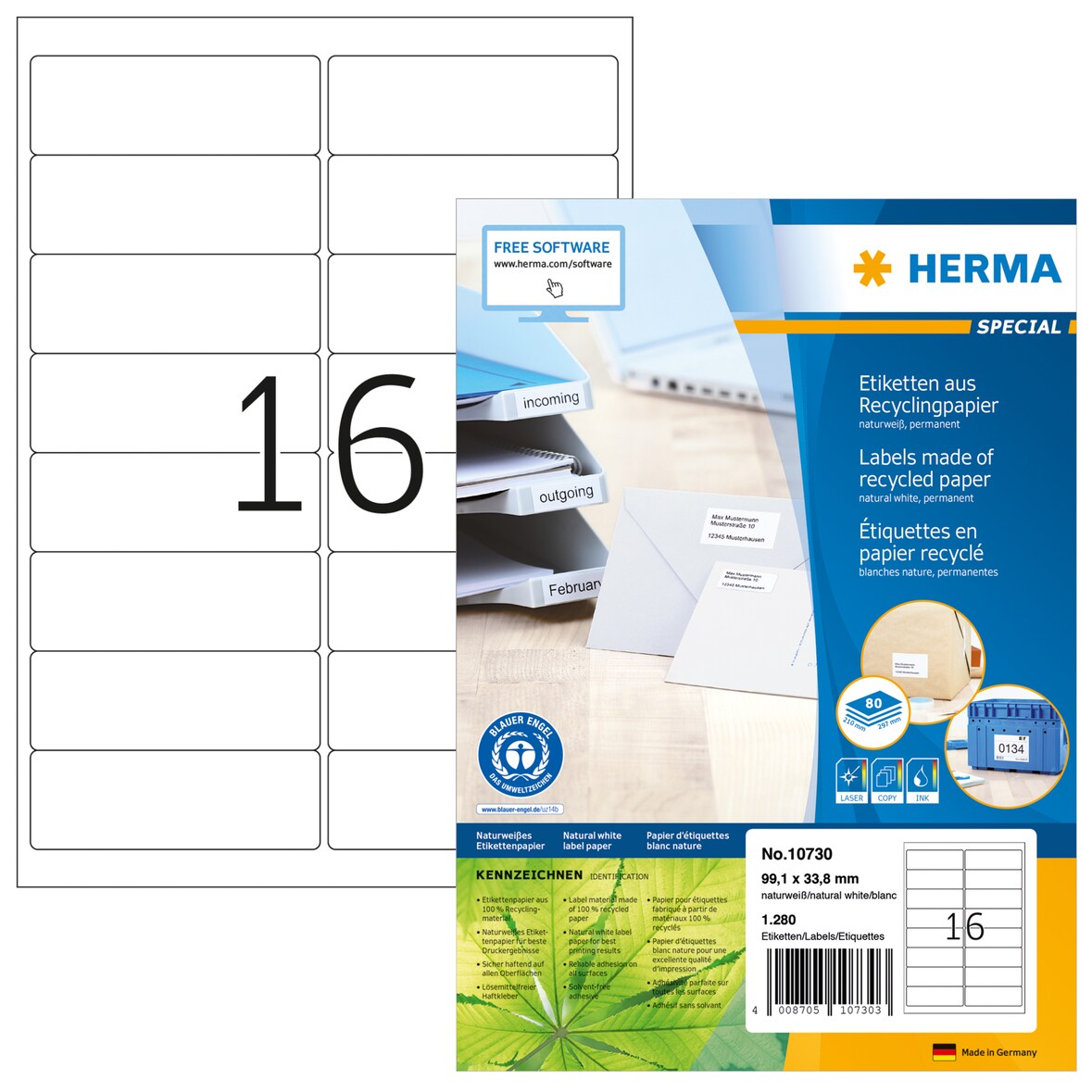 Herma Etiketten permanent 99,1 x 33,8 mm naturweiss 80 Bl 1280 Etik.