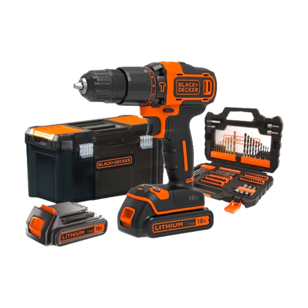 Kit professionale trapano avvitatore a percussione con 2 batterie set 104 punte e cassetta porta attrezzi B+D BDCHD 18 S 2KA