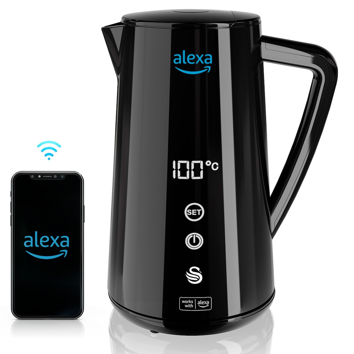 SWAN SK14650BLKNEU Alexa Bollitore Elettrico Intelligente WIFI 1,5 L, Senza Fili, Touch Screen LED, Nero, 1800W