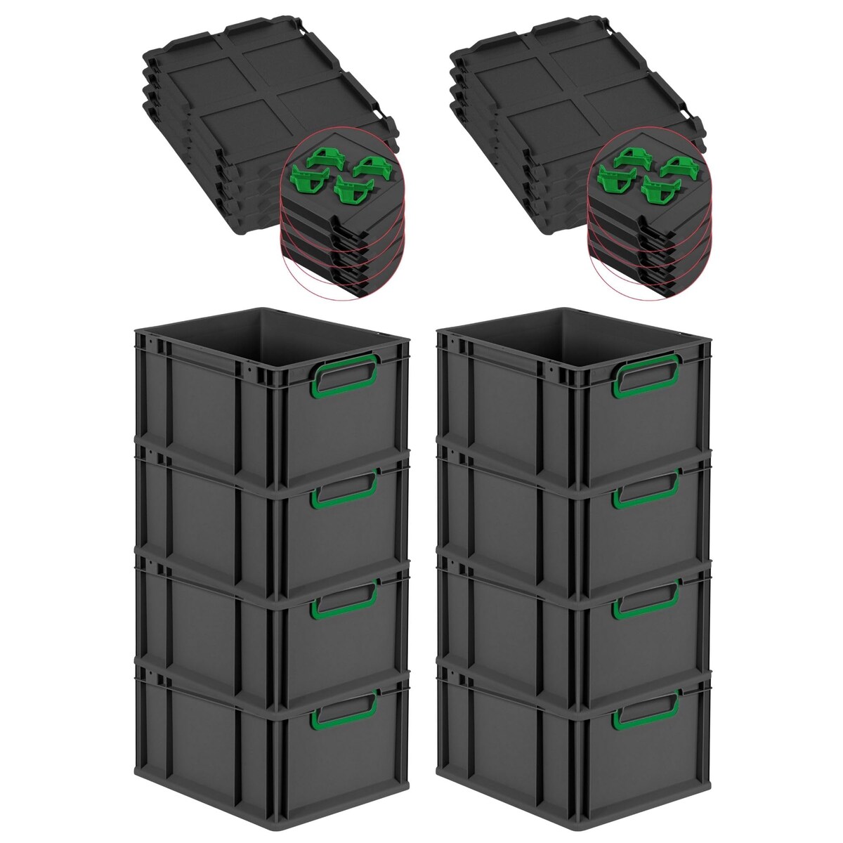 PROREGAL SuperSparSet 8x Eurobox NextGen Color mit Auflagedeckel & Verschlüsse, HxBxT 22x30x40cm, 20L, Schwarz, Griffe grün zu, Eurobehälter