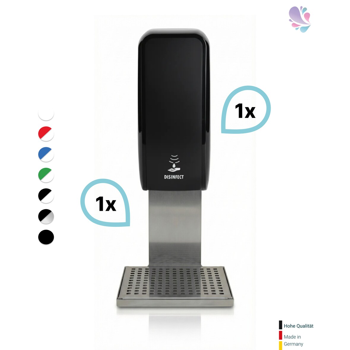SET: Desinfektionsspender SENSOR, berührungslos Blanc Cosmos versch. Farben+Edelstahlhalterung mit Auffangschale : Farbe - Schwarz