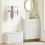 thumbnail of HOMCOM banco zapatero mueble zapatero banco recibidor con asiento acolchado cajón abatible y panel de tablillas 80x26x47,5 cm blanco