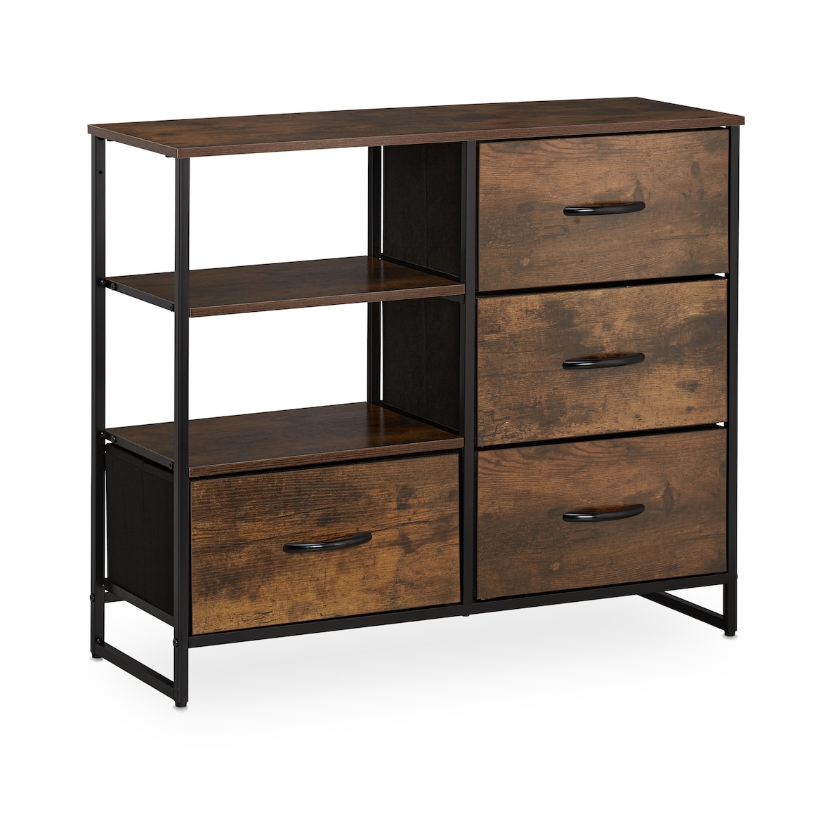 Relaxdays Kommode Industrial, HBT: 71,5 x 84 x 32,5 cm, Stoff, Metall, Holzoptik, 4 Schubladen, Sideboard, braun/schwarz