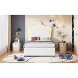 thumbnail of Modernes Polsterbett 90x200 mit LED-Beleuchtung, hydraulischem Stauraum, Muschel-Kopfteil mit Krone, Kunstleder, stabile Holz-Metall-Konstruktion Weiß