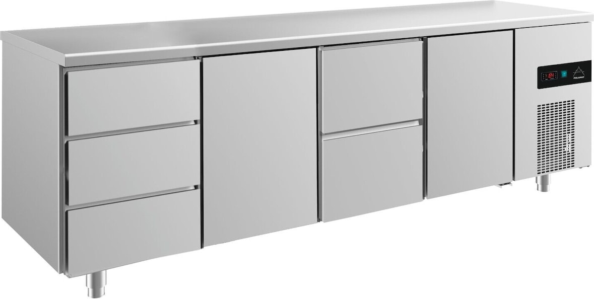 Gastro Edelstahl Kühltisch 2 Türen 5 Schubladen Umluftkühlung 2330x700x850mm -2/+8°C ISO 50mm 632 L