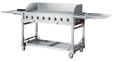 METRO PROFESSIONAL Gasgrill 8-Brenner, Grillfläche 49 x 120 cm, Ablagetisch, fahrbar, Schutzabdeckung, Edelstahl, silber