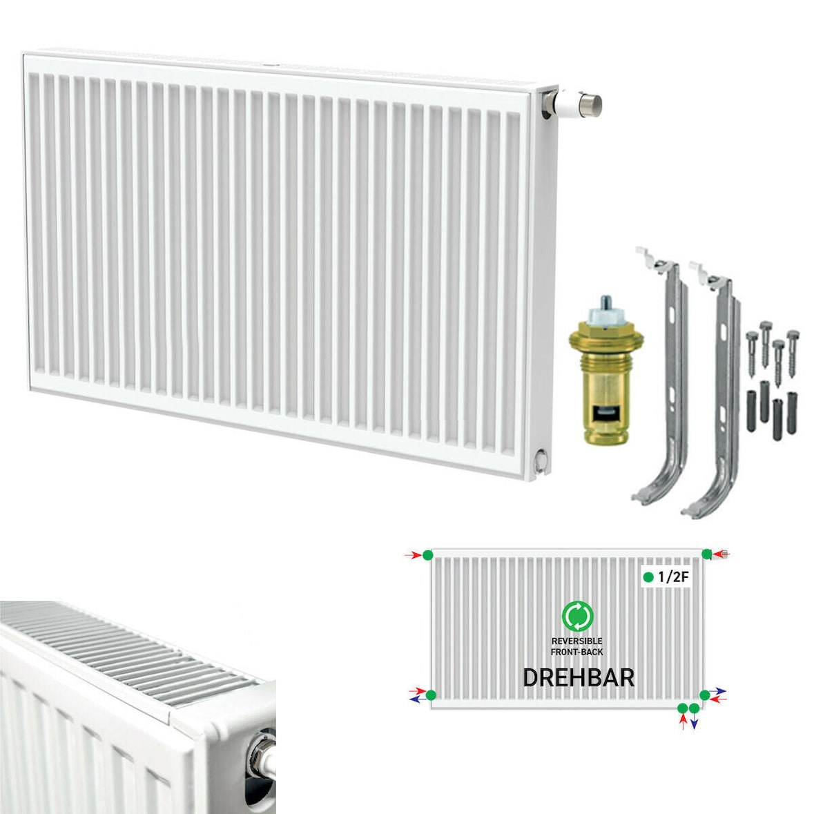 Belrad Universalheizkörper Kompakt Ventilheizkörper 6 Anschlüsse T22 400x1000-1245W