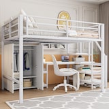 thumbnail of Hochbett 140x200 mit Kleiderschrank, Regalen, Schreibtisch und Ablageleiter, Weiß – Multifunktionales Bett für zimmer