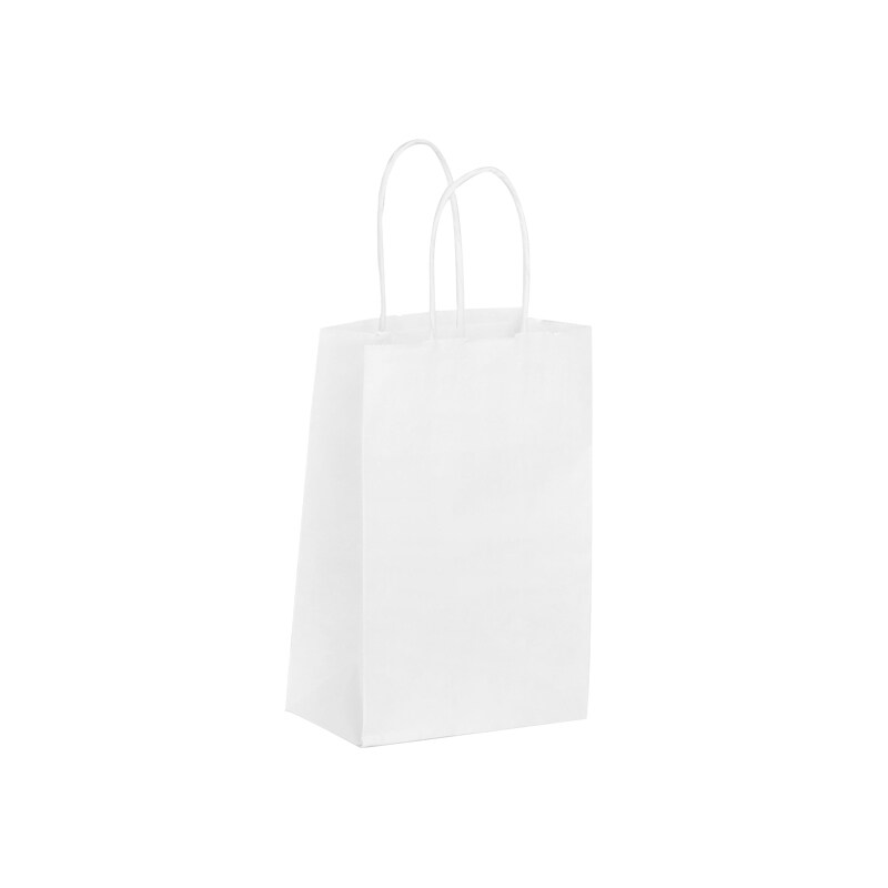 Saco de loja kraft branco com pegas torcidas 14+8x21 cm por 400 - Gimex