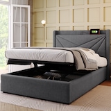 thumbnail of Einzelbett 90×200 mit Stauraum, USB Typ C Ladefunktion, komfortables Kopfteil aus Baumwolle-Leinen, robuste Latten, modernes Design, Grau