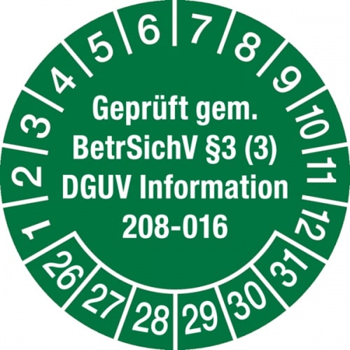 Prüfplakette ab 26, Geprüft gem. BetrSichV § 3 (3) DGUV Information 208-016 Ø 30mm - Bogen = 10 Plaketten - 30 mm Folie selbstklebend