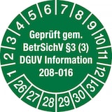 thumbnail of Prüfplakette ab 26, Geprüft gem. BetrSichV § 3 (3) DGUV Information 208-016 Ø 30mm - Bogen = 10 Plaketten - 30 mm Folie selbstklebend