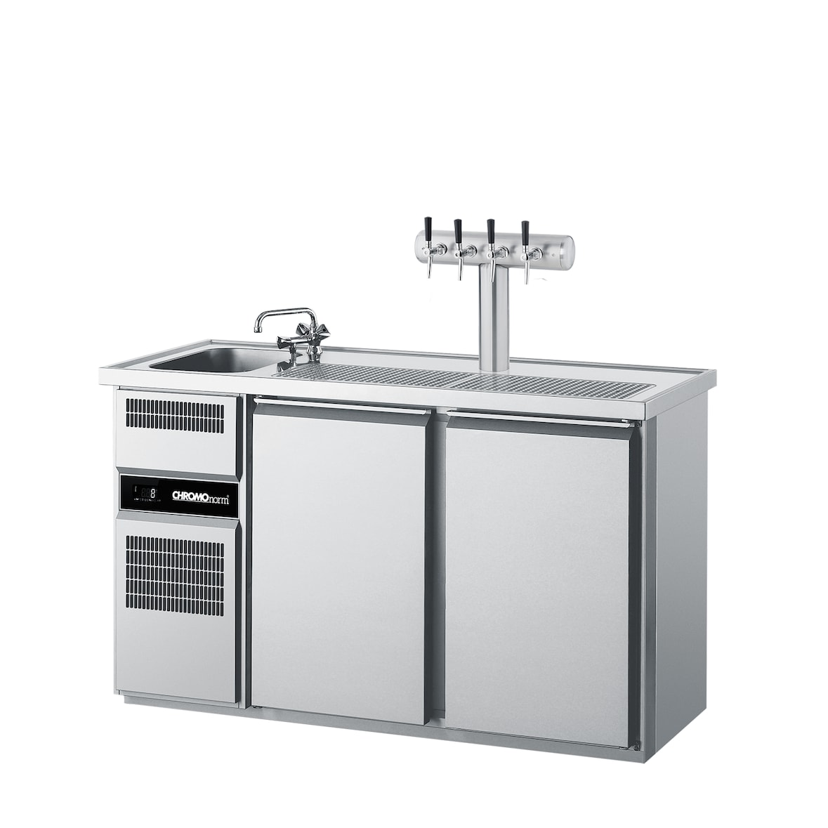CHROMOnorm Getränketheke mit einem Becken links und 2 Türen