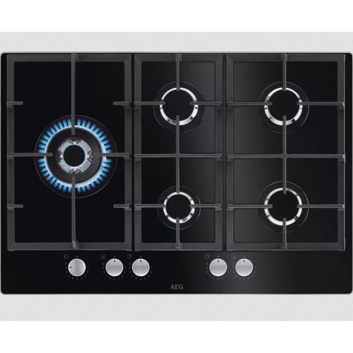 AEG Autarkes Kochfeld / Gas 6000 Gas on Glass / Knebel-Bedienung / 75 cm / Aufliegend / 5 Kochzonen / WOK-Kochzone HKB75820NB